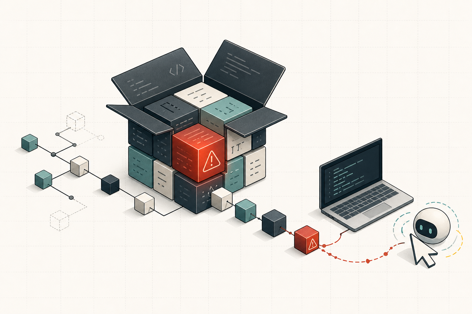 Editorial illustration of a compromised software package propagating through a dependency chain to a coding agent